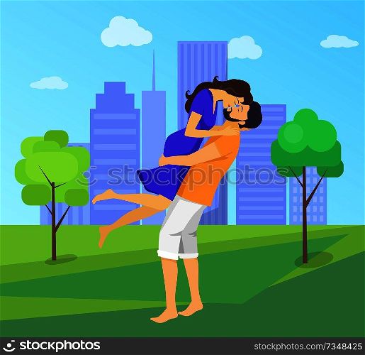 Kissing young couple in city with skyscrapers and green trees on background. Vector illustration of dating people in summer period. Kissing Couple with Skyscrapers on Background