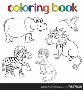 Kit of animals for coloring book with hippo, lion, zebra, hummingbird and monkey, cartoon vector illustration