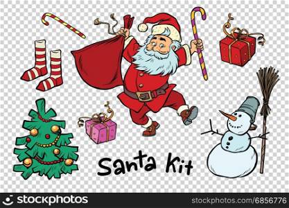 Kit Santa set Christmas New year items and characters. Comic book cartoon pop art retro color vector illustration hand drawn. Kit Santa set Christmas New year items and characters