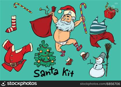 kit undressed funny Santa and Christmas items. Comic book cartoon pop art retro color vector illustration hand drawn. kit undressed funny Santa and Christmas items