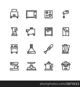 Kitchen and cooking appliances household vector line symbols. Kitchen equipment, coffee maker, toaster and refrigerator illustration. Kitchen and cooking appliances household vector line symbols
