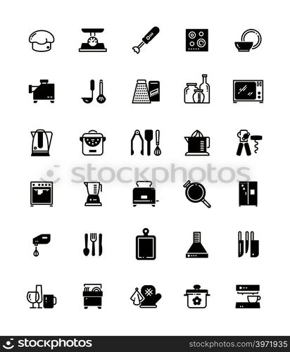 Kitchen and cooking black icons isolated on white. Kitchen appliance microwave and mixer, vector illustration. Kitchen and cooking black icons isolated on white