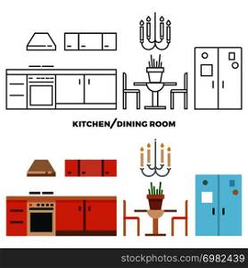 Kitchen and dining room furniture and accessories collection - flat home design icons. Vector illustration. Kitchen and dining room furniture and accessories collection