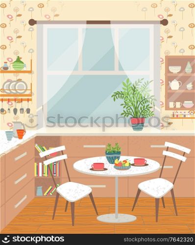 Kitchen and dining room interior vector, house styling and decorating living space. Houseplant on window, table with cups and food fruits in bowls. Dining Room Interior Kitchen with Table and Chairs