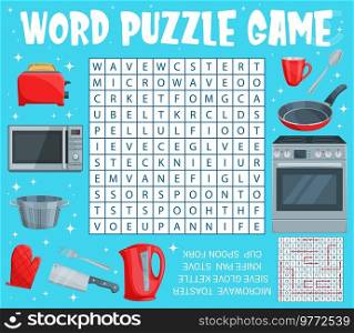 Kitchen appliance and utensil on word search puzzle game worksheet. Children quiz grid, child riddle with word search playing activity. Kids puzzle game with microwave, toaster and kettle, stove, pan. Word search game with kitchen appliance, utensil