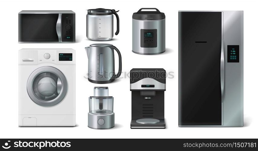 Kitchen appliance. Domestic electronic house hold devices, kettle microwave toaster blender. Vector collection illustration of realistic 3D mockups home appliances. Kitchen appliance. Domestic electronic house hold devices, kettle microwave toaster blender. Vector collection of realistic 3D mockups