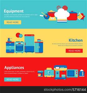Kitchen appliances and equipment flat banner set with coffee machine mixer fridge isolated vector illustration