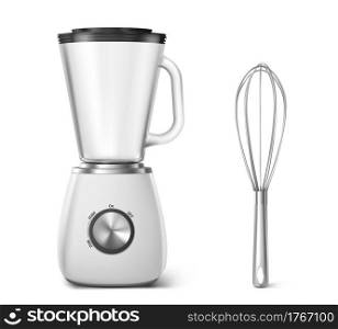 Kitchen appliances electric blender and whisk. Household equipment for cooking food, mixer with cup and turner front view, home tech and tool isolated on white background, realistic 3d vector mockup. Kitchen appliances electric blender and hand whisk