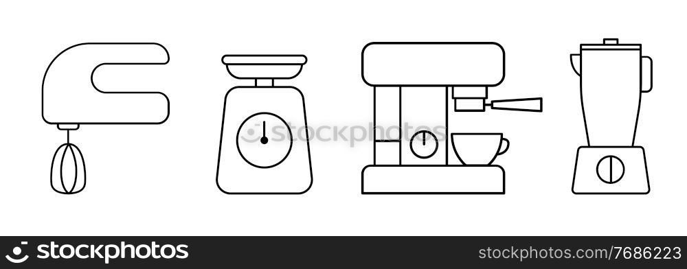 Kitchen appliances icon set. Coffee machine, mixer blender and scales for web applications and mobile concepts. Vector illustration EPS10. Kitchen appliances icon set. Coffee machine, mixer blender and scales for web applications and mobile concepts. Vector illustration