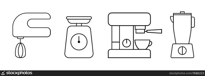 Kitchen appliances icon set. Coffee machine, mixer blender and scales for web applications and mobile concepts. Vector illustration EPS10. Kitchen appliances icon set. Coffee machine, mixer blender and scales for web applications and mobile concepts. Vector illustration