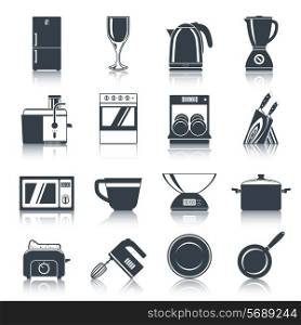 Kitchen appliances icons black set with coffee machine oven dishwasher knifes isolated vector illustration.