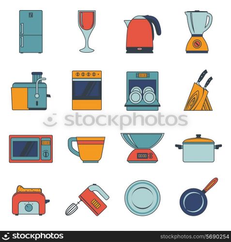 Kitchen appliances icons flat set with fridge wine glass kettle blender isolated vector illustration