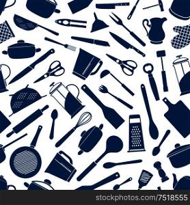 Kitchen appliances seamless background. Wallpaper with vector pattern of cooking utensils silhouette icons fork, knife, scissors, pot, pan, rolling pin, saucepan, spatula, whisk, grater, pitcher, teapot cutting board ladle. Kitchen appliances, utensils seamless background