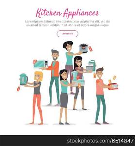 Kitchen Appliances. Set of People on Store Sale. Kitchen appliances. Set of people on store sale. Flat design vector. Man and woman happy characters holding different goods with sale stickers. Home technic, electronic devices, household shopping
