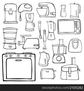 Kitchen appliances set. Vector hand-drawn illustration.. Kitchen appliances set.