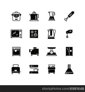 Kitchen appliances vector silhouette icons isolated. Kitchen equipment refrigerator and coffee machine, dishwasher and toaster illustration. Kitchen appliances vector silhouette icons isolated