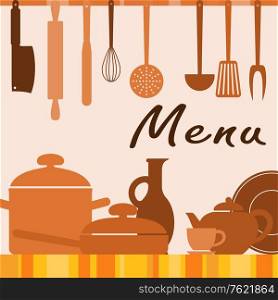 Kitchen background with dishware for menu cover design