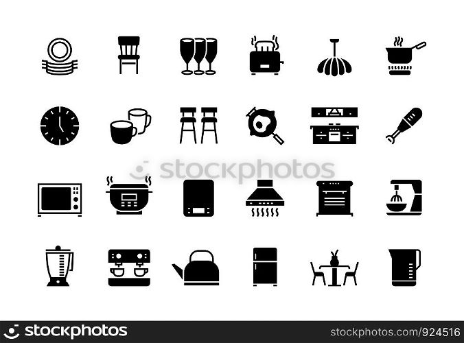 Kitchen black icons. Appliances furniture and utensils for cooking, blender microwave fridge electronic devices. Vector isolated kitchen machine symbol set. Kitchen black icons. Appliances furniture and utensils for cooking, blender microwave fridge electronic devices. Vector set