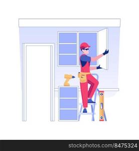 Kitchen cabinets installation isolated concept vector illustration. Contractor in uniform installs kitchen cabinets, furniture assembling service, rough interior works vector concept.. Kitchen cabinets installation isolated concept vector illustration.
