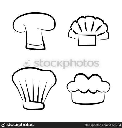 Kitchen caps, headwear items for baker, white cook hat, restaurant chef headdress, professional cafe worker apparel elements vector illustrations.. Kitchen Caps Set Headwear Item for Baker Chef Cook