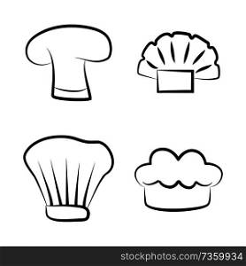Kitchen caps, headwear items for baker, white cook hat, restaurant chef headdress, professional cafe worker apparel elements vector illustrations.. Kitchen Caps Set Headwear Item for Baker Chef Cook