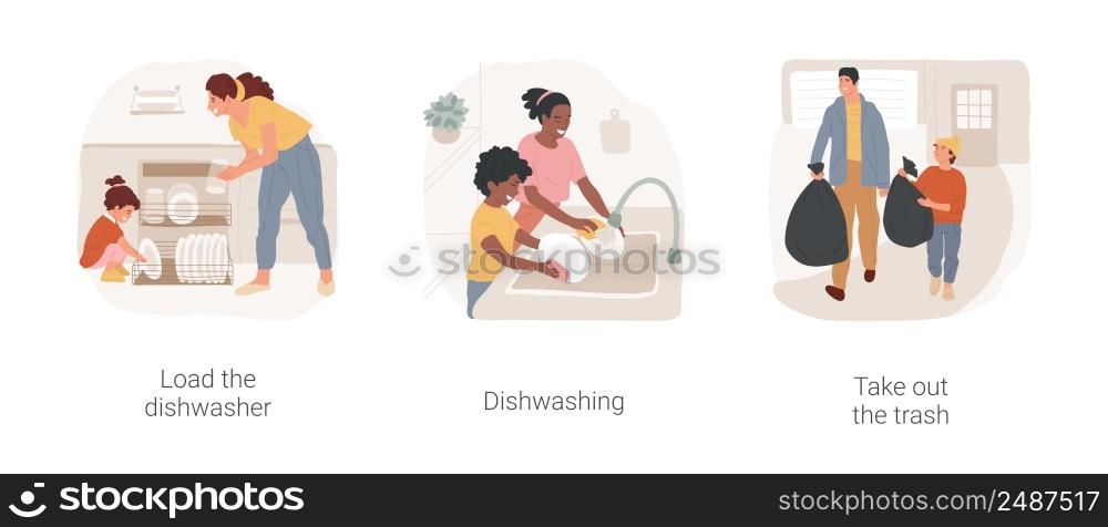 Kitchen chores isolated cartoon vector illustration set. Load the dishwasher, mother and child washing dishes together, kid helping father to take out the trash, daily routine vector cartoon.. Kitchen chores isolated cartoon vector illustration set.