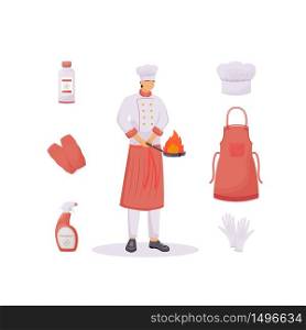 Kitchen clothes flat concept vector illustration. Hat and apron, sleeve protectors and gloves. Cook 2D cartoon character for web design. Healthcare, cleanliness and disinfection creative idea. Kitchen clothes flat concept vector illustration