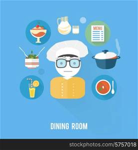 Kitchen concept with item icons. Cook with menu of drinck, salad, dessert, milk and soup in flat design style