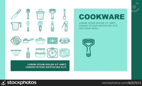 kitchen cooking cookware utensil landing web page header vector. pan cook, food dish, kitchenware pot, equipment saucepan, home frying, dinner kitchen cooking cookware utensil color line illustrations. kitchen cooking cookware utensil icons set vector