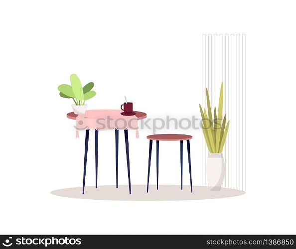 Kitchen cosy interior semi flat RGB color vector illustration. Coffee table with chairs. Tea mugs in dining room. House interior. Cozy home furniture isolated cartoon object on white background. Kitchen cosy interior semi flat RGB color vector illustration