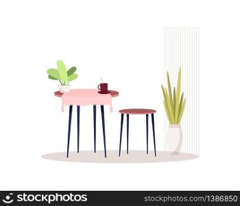Kitchen cosy interior semi flat RGB color vector illustration. Coffee table with chairs. Tea mugs in dining room. House interior. Cozy home furniture isolated cartoon object on white background. Kitchen cosy interior semi flat RGB color vector illustration