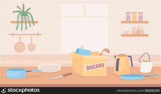 Kitchen countertop with cardboard boxes for discarding flat color vector illustration. Declutter appliances, utensils. Editable 2D simple cartoon interior with window on background. Oswald font used. Kitchen countertop with cardboard boxes for discarding flat color vector illustration