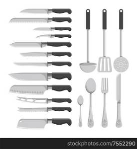Kitchen cutlery knives and spatula, spoons and forks vector. Isolated icons set with handles and sharp blades, dishware cooking items for food preparation. Kitchen Cutlery Knives and Spatula Spoons Set