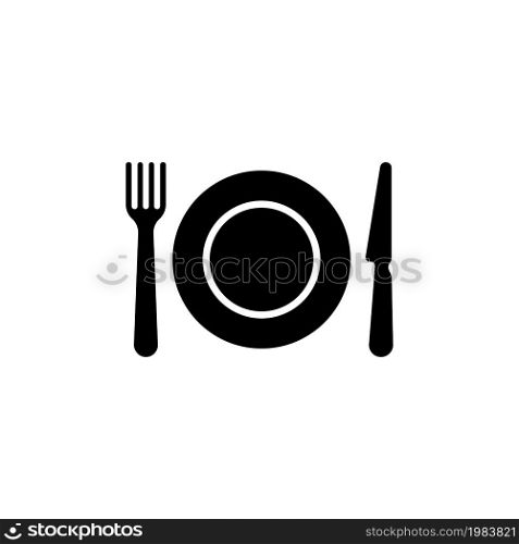 Kitchen Cutlery, Plate Fork and Knife. Flat Vector Icon illustration. Simple black symbol on white background. Kitchen Cutlery, Plate Fork and Knife sign design template for web and mobile UI element. Kitchen Cutlery, Plate Fork and Knife Flat Vector Icon