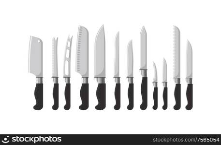Kitchen cutlery sharp knives silverware dining vector. Equipment for cutting objects, dishware tools, tableware with handles and different shapes of blades. Kitchen Cutlery Sharp Knives Silverware Dining