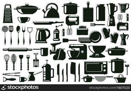 Kitchen cutlery, utensil and cooking tools silhouette elements. Tableware, monochrome culinary tools vector symbols set. Kitchenware cooking silhouettes. Equipment and electric appliances. Kitchen cutlery, utensil and cooking tools silhouette elements. Tableware, monochrome culinary tools vector symbols set. Kitchenware cooking silhouettes