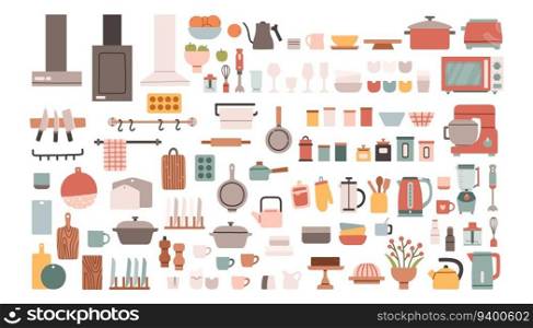 Kitchen decor tableware set. Cute kitchen decor. Cooking furniture. Dining elements set. Vector flat design illustration