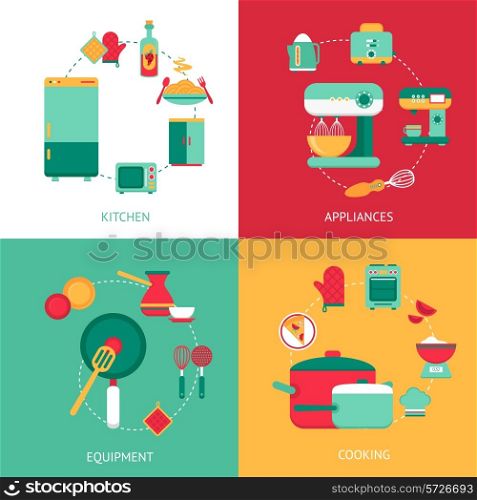 Kitchen design concept with cooking equipment and appliances isolated vector illustration