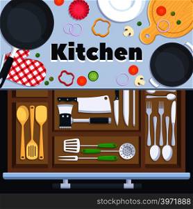 Kitchen design vector background with cooking restaurant equipment. Knife spoon and fork in kitchen drawer illustration. Kitchen design vector background with cooking restaurant equipment