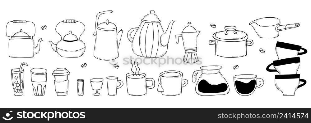 Kitchen doodles icon set. Hand drawn lines of kitchen items, dishes, cups and teapots. Vector illustration. Big collection of cartoon icons of kitchen utensils. Isolated elements for menu, recipe book