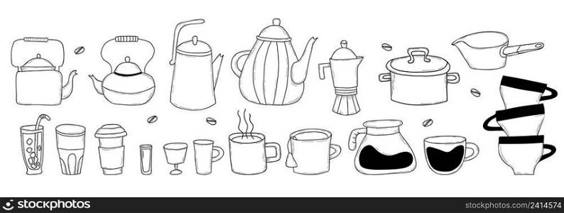 Kitchen doodles icon set. Hand drawn lines of kitchen items, dishes, cups and teapots. Vector illustration. Big collection of cartoon icons of kitchen utensils. Isolated elements for menu, recipe book