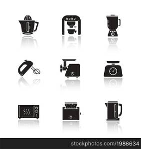 Kitchen electronics drop shadow icons set. Kitchenware electric appliances items. Consumer household cooking devices. Black silhouette illustrations isolated on white. Vector infographics elements. Kitchen electronics drop shadow icons set