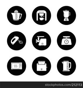 Kitchen electronics icons set. Juicer, espresso coffee machine, blender, hand mixer, meat grinder, food scales, microwave oven, toaster, electric kettle. Vector white illustrations in black circles. Kitchen electronics icons set