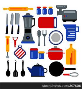 Kitchen equipment for cooking. Vector illustrations set in flat style. Tool kitchen collection, kitchenware and utensil for cooking,. Kitchen equipment for cooking. Vector illustrations set in flat style