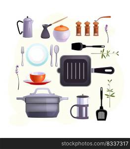 Kitchen equipment icons. Set of line icons. Cutlery, cup, French press. Cooking concept. Illustrations can be used for topics like kitchen, cooking, eating