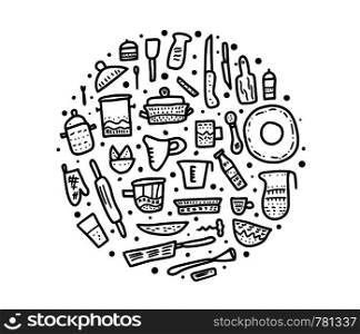 Kitchen equipments set in doodle style. Vector circle composition of of kitchen dishes and tools objects isolated on white background.