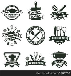 Kitchen food cooking, cutlery and kitchenware tools emblems. Culinary school labels, cooking classes badges vector illustration set. Food cooking badges. Course for chefs, master class. Kitchen food cooking, cutlery and kitchenware tools emblems. Culinary school labels, cooking classes badges vector illustration set. Food cooking badges