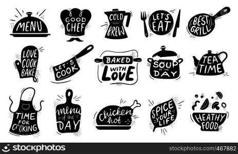 Kitchen food lettering. Gourmet cooking foods badge, chicken recipes cook and restaurant menu letterings. Chef apron stamp, food bistro chalk logo design. Vector illustration isolated icons set. Kitchen food lettering. Gourmet cooking foods badge, chicken recipes cook and restaurant menu letterings vector illustration set
