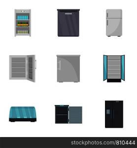 Kitchen fridge icon set. Flat set of 9 kitchen fridge vector icons for web design. Kitchen fridge icon set, flat style