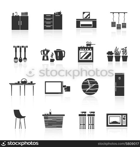 Kitchen furniture and utensils black icons set isolated vector illustration. Kitchen Furniture Icons Set
